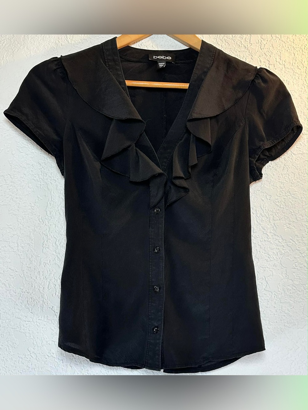 bebe Black Ruffle-Trim Button Down Blouse
